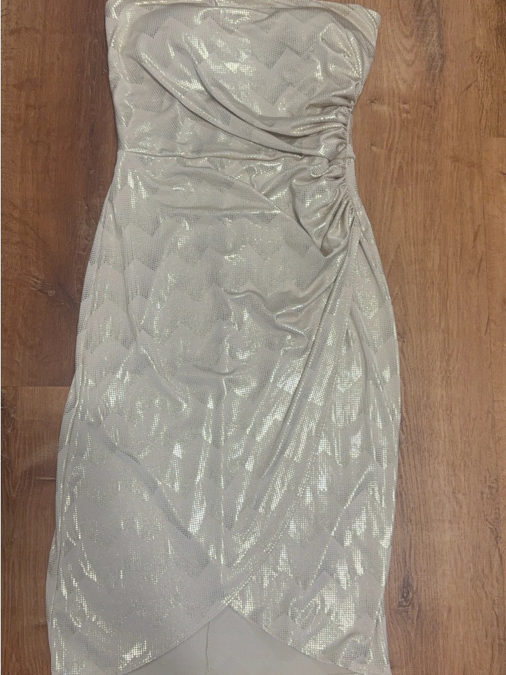 bebe Strapless Silver Shimmer Ruched Cocktail Dress - Picture 4 of 8